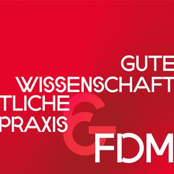 Logo: Auf roten Grund steht "Gute Wissenschaftliche Praxis & FDM" in weißen Buchstaben.
