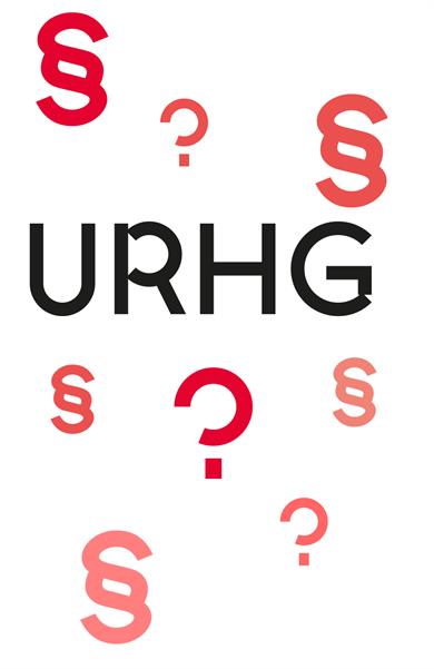 Question marks and section symbols arranged around the German abbreviation UrhG