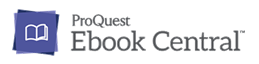 Vendor Icon of Proquest E-Book Central. Several purple-blue squares are arranged in an overlay. In white, an abstract icon of an open book is printed on it. On the right side, the name of the vendor is printed in a serif font.