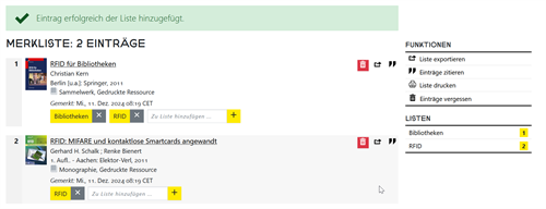 Screenshot: Katalog Plus mit einer Trefferliste, aus der zwei Titel verschiedenen Merklisten zugefügt wurden.