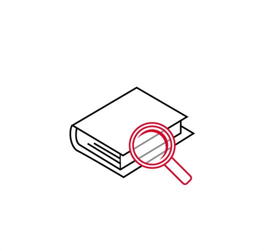 Icon: Recherche; Schwarz-weißer Umriss eines Buches mit schwarzen Linien und roter Lupe