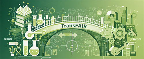 Eine Brücke mit der Beschriftung "TransFAIR" verbindet zwei Seiten. Links Symbole mit der Beschriftung "Science", rechts Symbole mit der Beschriftung "Practice".