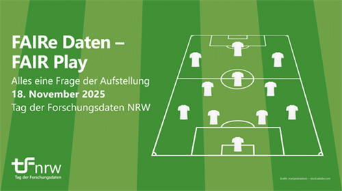 Grün-gestreiftes Fussballfeld mit einer Skizze eine Fussballfeldes in weiß mit weißen Tshirts und der Schrift: FAIRe Daten - FAIR Play Alles eine Frage der Aufstellung 18. November 2025 Tag der Forschungsdaten NRW