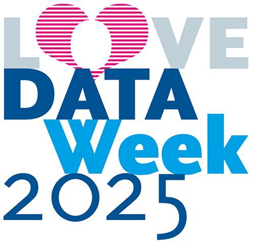 Logo: Love Data Week 2025, Schriftzug in grau und Bautönen; Rosa Herz um das O;