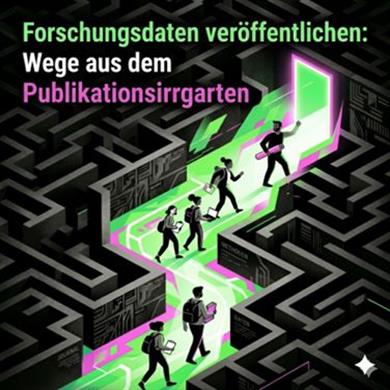 Bild: KI generierter Inhalt. Schwarzes und dunkles Labyrinth. Auf einem hellgrün und lila beleuchteten Weg bewegen sich mehrere Personen mit Rucksack und Laptop auf eine erleuchtete Tür zu.