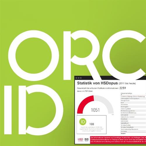 Logo: ORCID. Grünes Quadrat mit Schriftzug. Rechts unten Grafik: Statistik von HSDopus (2011 bis heute).